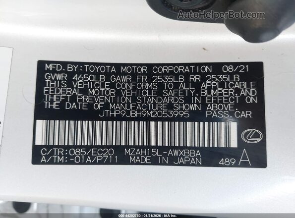 JTHP9JBH9M2053995 2021 LEXUS UX 250H White Vista del compartimento del motor