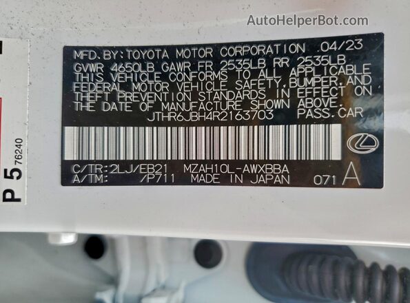 JTHR6JBH4R2163703 2024 LEXUS UX Белый Вид наклейки с VIN-кодом