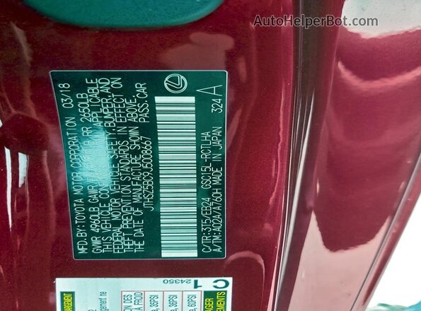 JTHSZ5BC9J5008667 2018 LEXUS RC Red Widok naklejki z numerem VIN