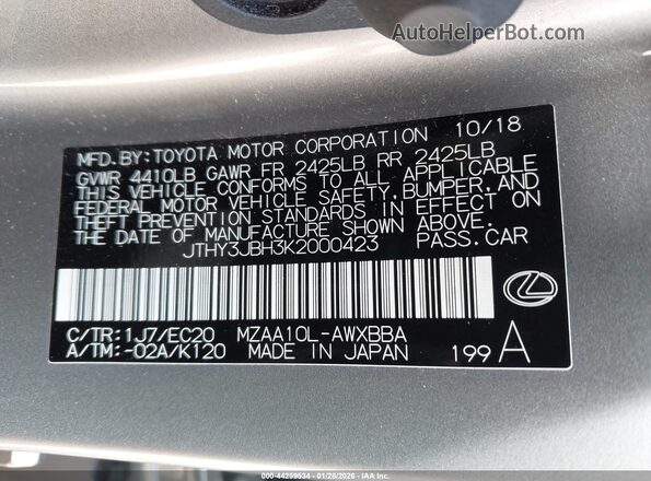 JTHY3JBH3K2000423 2019 LEXUS UX 200 Silver Vista del compartimento del motor