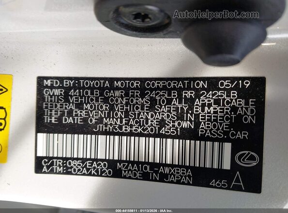 JTHY3JBH5K2014551 2019 LEXUS UX 200 White Widok komory silnika