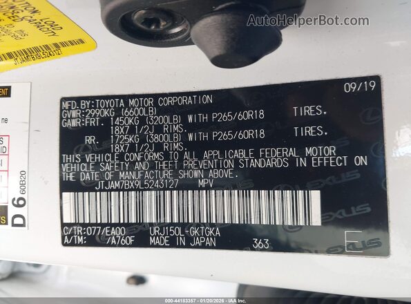 JTJAM7BX9L5243127 2020 LEXUS GX 460 Белый Вид подкапотного пространства
