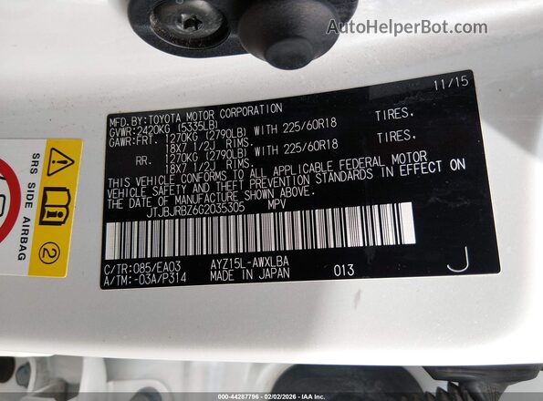 JTJBJRBZ6G2035305 2016 LEXUS NX 300H White Вид підкапотного простору