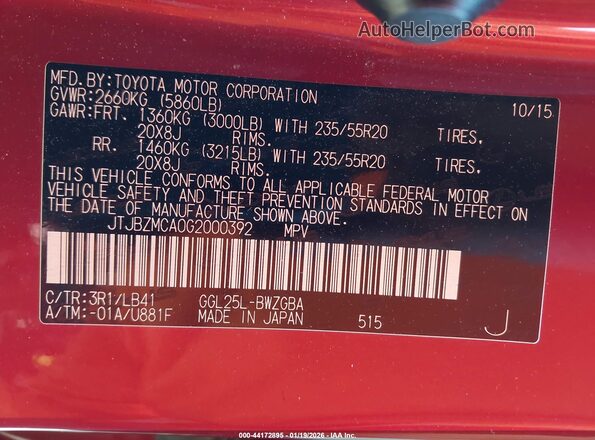 JTJBZMCA0G2000392 2016 LEXUS RX 350 Red Vista del compartimento del motor