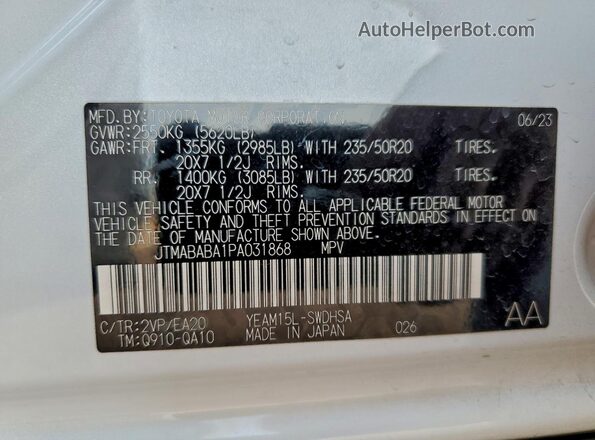 JTMABABA1PA031868 2023 SUBARU SOLTERRA White Widok naklejki z numerem VIN