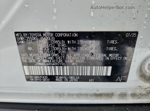 JTMABABAXSA097196 2025 SUBARU SOLTERRA White VIN კოდის სტიკერის ხედი