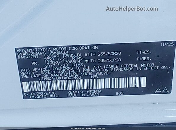 JTMBDAFBXTA002462 2026 TOYOTA LIMITED Белый Вид подкапотного пространства