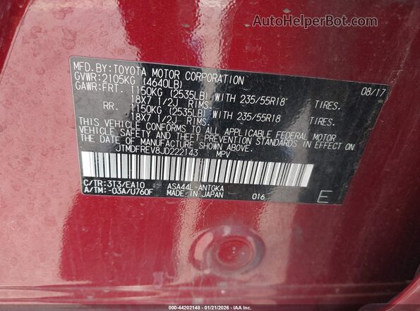 JTMDFREV8JD222143 2018 TOYOTA LIMITED Красный Вид подкапотного пространства