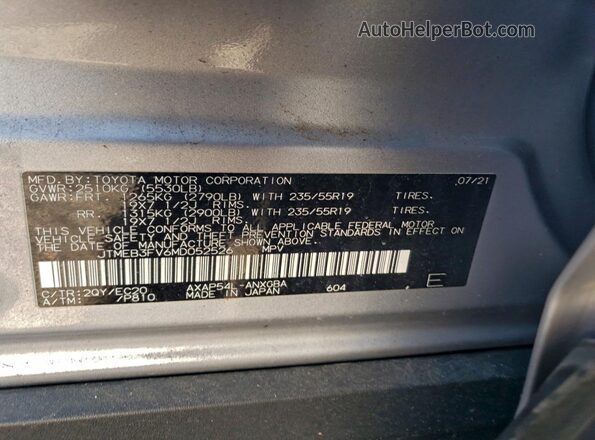 JTMEB3FV6MD052526 2021 TOYOTA RAV4 Silver Вид наклейки з VIN-кодом