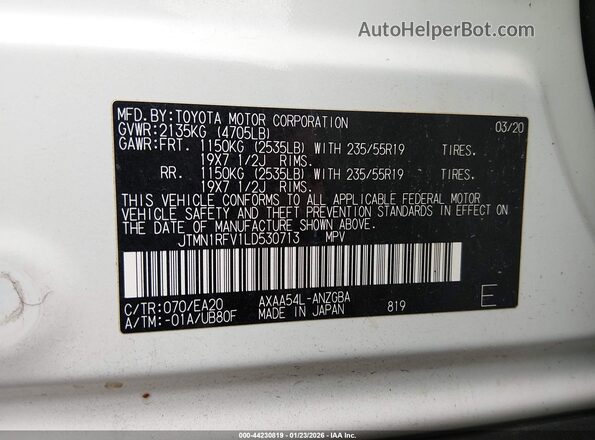 JTMN1RFV1LD530713 2020 TOYOTA LIMITED Белый Вид подкапотного пространства