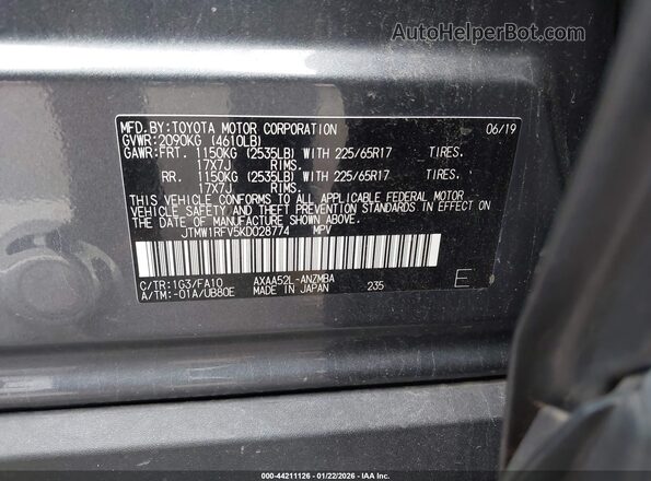 JTMW1RFV5KD028774 2019 TOYOTA LE Gray Widok komory silnika