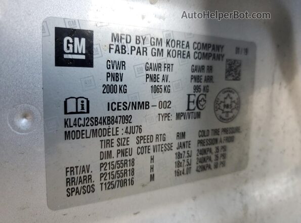KL4CJ2SB4KB847092 2019 BUICK ENCORE Серебряный Вид подкапотного пространства