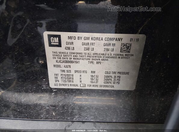 KL4CJASB0KB841641 2019 BUICK ENCORE Black Vista de la etiqueta del VIN
