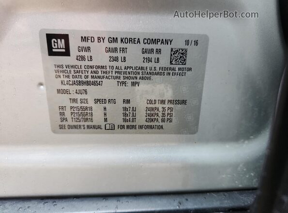 KL4CJASB9HB046547 2017 BUICK ENCORE Серебряный Вид подкапотного пространства