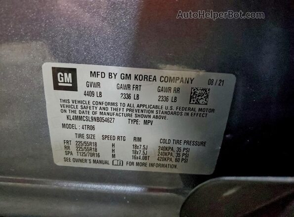 KL4MMCSL9NB054627 2022 BUICK ENCORE Gray Вид наклейки з VIN-кодом