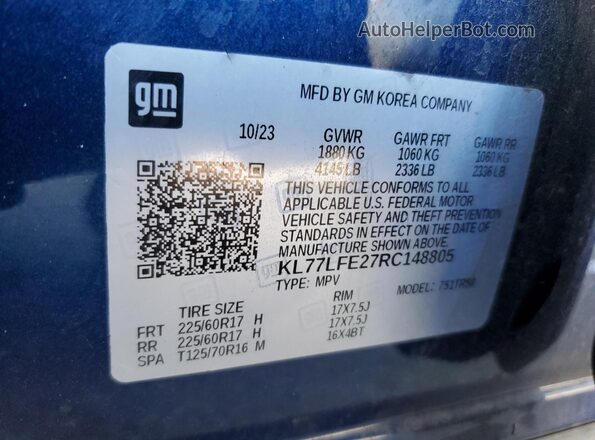 KL77LFE27RC148805 2024 CHEVROLET TRAX Синий Вид подкапотного пространства