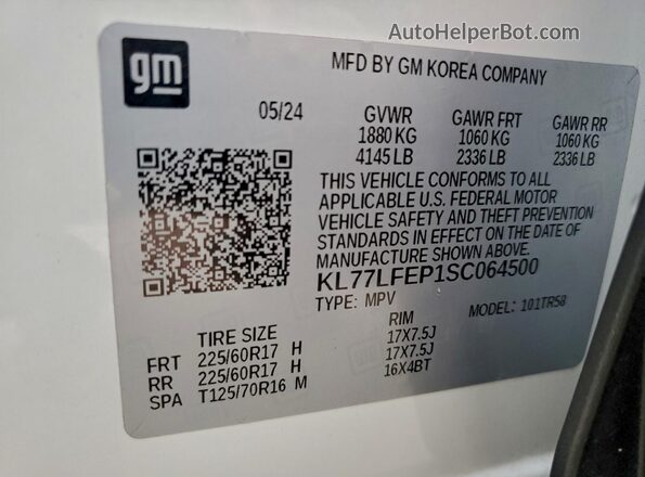 KL77LFEP1SC064500 2025 CHEVROLET TRAX White Вид наклейки з VIN-кодом