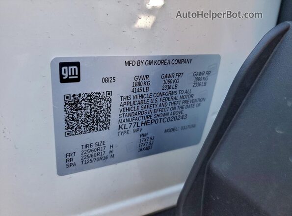 KL77LHEP0TC020243 2026 CHEVROLET TRAX White Вид підкапотного простору