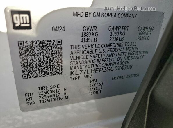 KL77LHEP2SC024308 2025 CHEVROLET TRAX White Вид наклейки з VIN-кодом