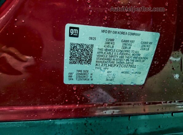 KL77LHEPXTC027801 2026 CHEVROLET TRAX Red VIN sticker view