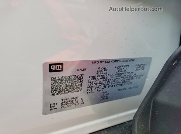 KL77LJEP4TC002948 2026 CHEVROLET TRAX White VIN sticker view