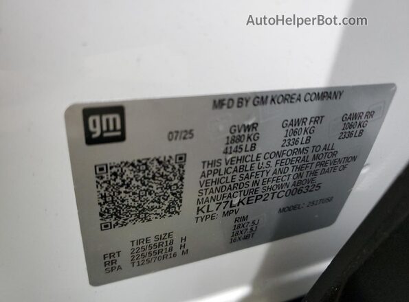 KL77LKEP2TC006325 2026 CHEVROLET TRAX Белый Вид наклейки с VIN-кодом