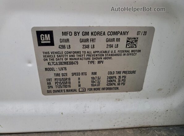 KL7CJLSB2MB308479 2021 CHEVROLET TRAX White Вид підкапотного простору