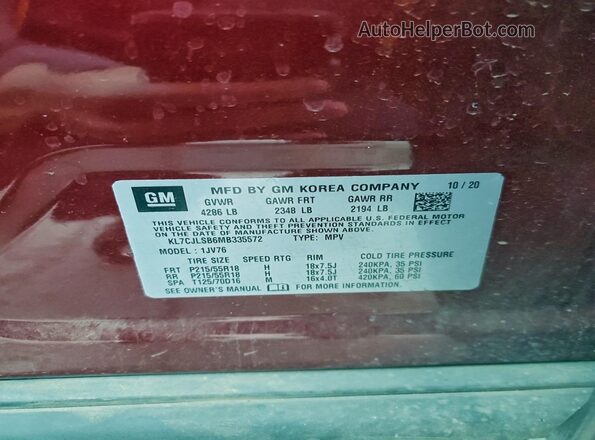 KL7CJLSB6MB335572 2021 CHEVROLET TRAX Burgundy VIN კოდის სტიკერის ხედი