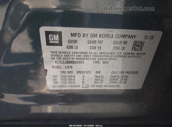 KL7CJLSB8MB347674 2021 CHEVROLET TRAX Серый Вид подкапотного пространства