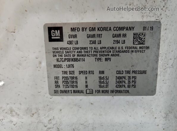 KL7CJPSB1KB854114 2019 CHEVROLET TRAX White Widok komory silnika