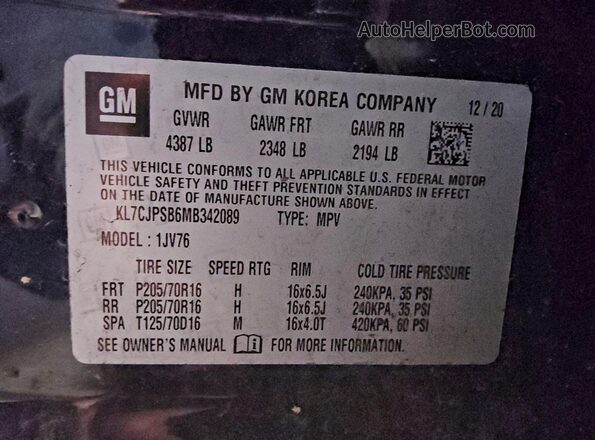 KL7CJPSB6MB342089 2021 CHEVROLET TRAX Black Vista de la etiqueta del VIN