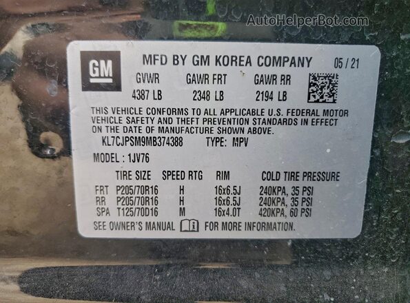 KL7CJPSM9MB374388 2021 CHEVROLET TRAX Черный Вид наклейки с VIN-кодом