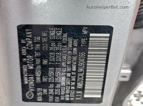 KM8J3CAL9KU904166 2019 HYUNDAI TUCSON Серебряный Вид наклейки с VIN-кодом