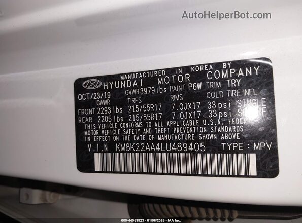 KM8K22AA4LU489405 2020 HYUNDAI KONA Белый Вид подкапотного пространства