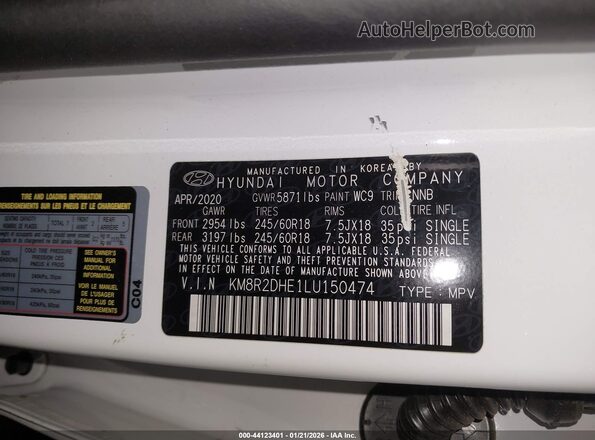 KM8R2DHE1LU150474 2020 HYUNDAI PALISADE Белый Вид подкапотного пространства