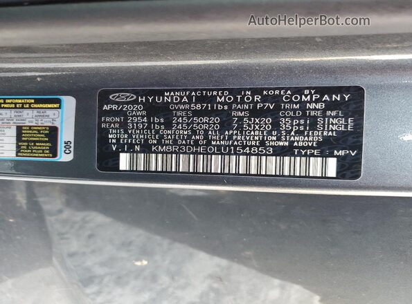 KM8R3DHE0LU154853 2020 HYUNDAI PALISADE Gray Vista de la etiqueta del VIN