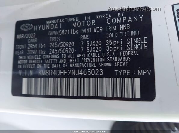 KM8R4DHE2NU465023 2022 HYUNDAI PALISADE Белый Вид подкапотного пространства