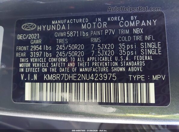 KM8R7DHE2NU423975 2022 HYUNDAI PALISADE Серый Вид подкапотного пространства