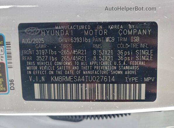 KM8RMESA4TU027614 2026 HYUNDAI PALISADE White Widok naklejki z numerem VIN