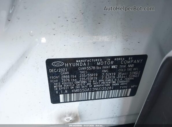 KM8S5DA13NU035281 2022 HYUNDAI SANTA FE HYBRID White Вид підкапотного простору