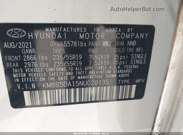 KM8S5DA15NU020135 2022 HYUNDAI SANTA FE HYBRID White Widok komory silnika