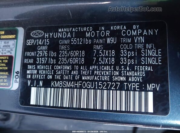 KM8SM4HF0GU152727 2016 HYUNDAI SANTA FE Серый Вид подкапотного пространства
