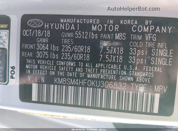 KM8SM4HF0KU306832 2019 HYUNDAI SANTA FE XL Серебряный Вид подкапотного пространства