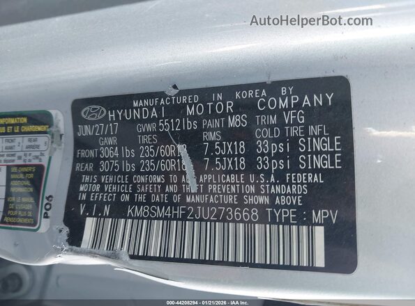 KM8SM4HF2JU273668 2018 HYUNDAI SANTA FE Silver Вид підкапотного простору