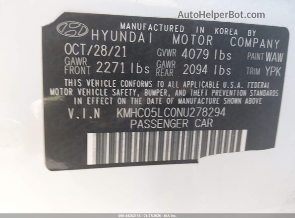 KMHC05LC0NU278294 2022 HYUNDAI IONIQ HYBRID Белый Вид подкапотного пространства