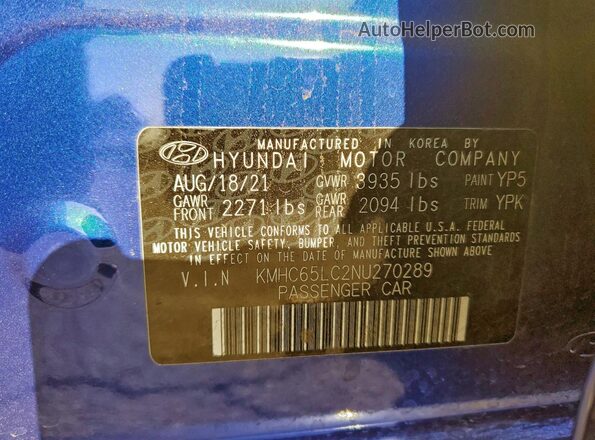 KMHC65LC2NU270289 2022 HYUNDAI IONIQ Синий Вид наклейки с VIN-кодом