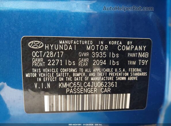 KMHC65LC4JU062361 2018 HYUNDAI IONIQ HYBRID Синий Вид подкапотного пространства