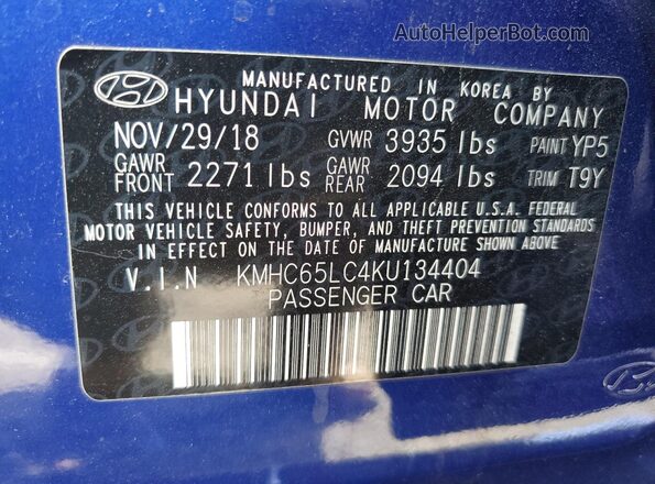 KMHC65LC4KU134404 2019 HYUNDAI IONIQ Blue Widok naklejki z numerem VIN