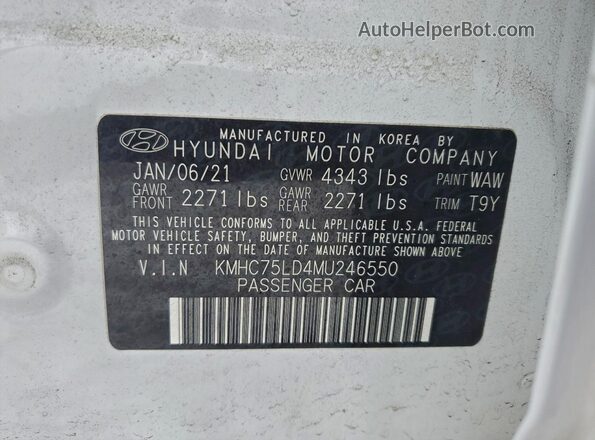 KMHC75LD4MU246550 2021 HYUNDAI IONIQ White Вид наклейки з VIN-кодом