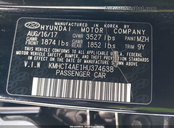 KMHCT4AE1HU374638 2017 HYUNDAI ACCENT Black Vista del compartimento del motor